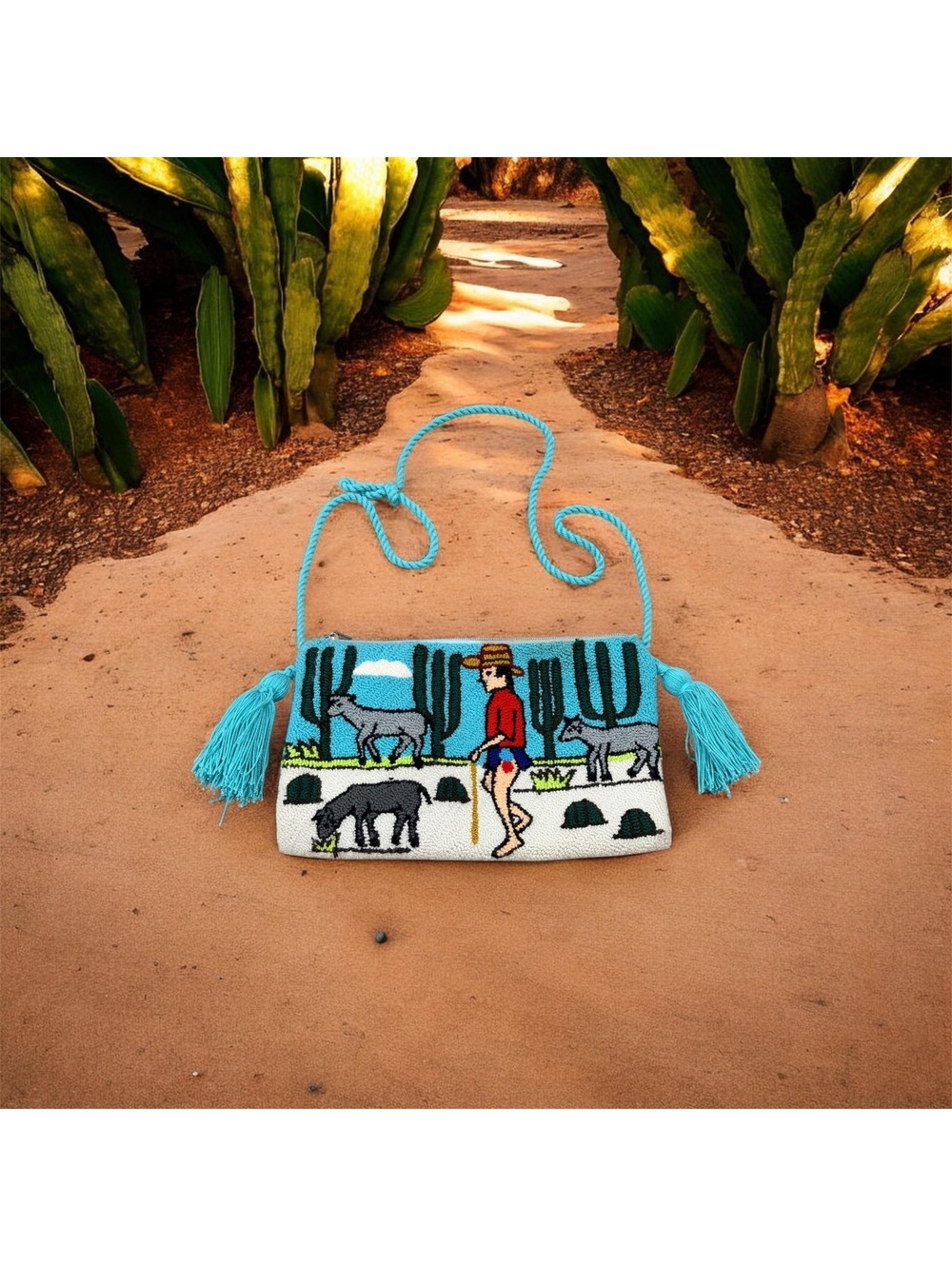 Handmade Crossbody Bag with Desert Scene and Tassels